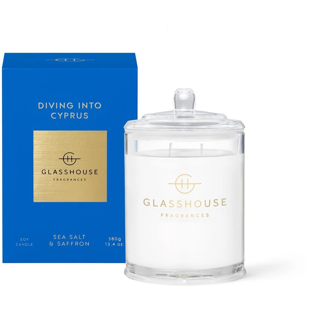 Glasshouse Fragrances Diving Into Cyprus - Sea Salt And Saffron 380g Triple Scetned Candle 3 Glasshouse Fragrances Diving Into Cyprus - Sea Salt And Saffron 380g Triple Scetned Candle